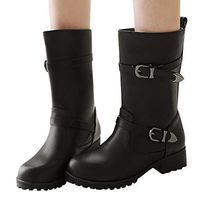 Veodhekai Women Belt Buckle Boots Student Casual Middle Tube Large Size Boots Flats Boots Students Shoes Black