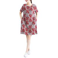 Vintage Summer Casual Cute Women Short Sleeve Knee Length Loose Hem Dress Khaki