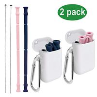 Senneny 2 Pack Collapsible Reusable Silicone Straws Food-Grade Folding Drinking Straws Keychain Portable Set with Carrying Case & Cleaning Brush- Blue & Pink