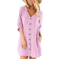 Amlaiworld Women Summer Dress Cotton Linen Blouse Dress V Neck Button Solid Casual Dress Pink