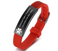 VNOX Personalized Children Emergency ID Alert Adjustable Bracelet with Red Silicone Rubber Stainless Steel