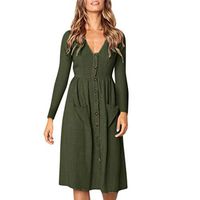 SRYSHKR Women Solid V Neck Button Dress Long Sleeve Pocket Casual Beach Long Maxi Dress(M, Army Green)