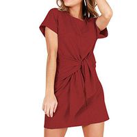 SADUORHAPPY Women's Summer Tie Front Bodysuit Dress Crew Neck Short Sleeve Sheath Pencil Mini Dress Red