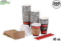 [200 PACK] - 10oz - Paper Coffee Hot Cups, White Travel Lids, Sleeves & Stirrers - Disposable Coffee Cups, To Go Travel Mug, Office/Party Pack, Hot/Cold Coffee, Tea & Chocolate, Latte, Cappuccino