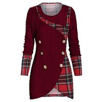 Coupondeal Plus Size Women O-Neck Long Sleeve Plaid Botton Pachwork Asymmetric Tops Sweater(Red,XXXL)