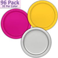 96 Paper Dinner Plates (9") - Sunshine Yellow, Neon Pink, Silver - 32 Per Color, 3 Colors - Great Assortment for Birthday Parties, Weddings, Holidays, Baby Shower, Celebrations, and more