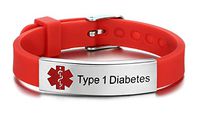 JF.JEWELRY Type 1 Diabetes Medical Alert ID Bracelet for Kids Adult with Silicone Wristband -8 Size Adjustable,Red
