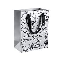 Floral Stems Design Foil Stamped Gift Bags (12 Pack)- 9”x 7”x 4” Unique Design with Durable Ribbon Handles, Beautiful Present Bags Best for Birthday, Wedding and Party Favors (Silver)