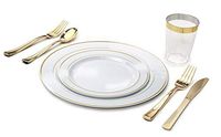 " OCCASIONS" 840 pcs/120 Guest-Full Set - Wedding Disposable Plastic Plates Gold Silverware, Gold Rimmed Tumblers (Combo A, White & Gold Rim)
