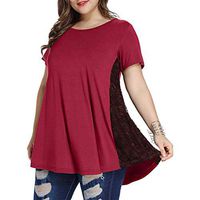 Meikosks Women's Plus Size Tunic Lace Patchwork T Shirt Short Sleeve Tops Oversized Pullover Red