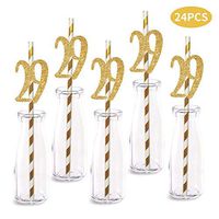 29th Birthday Paper Straw Decor, 24-Pack Real Gold Glitter Cut-Out Numbers Happy 29 Years Party Decorative Straws