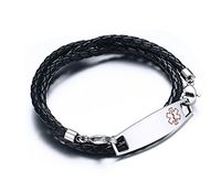 Free Engraving- Unisex Stainless Steel Medic Tag with Black Braided Leather Triple Wrap Medical Alert Bracelets
