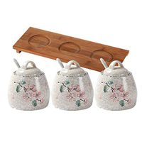 wuchenmin Spice Jar Set,Exquisite Workmanship Sugar Bowls with Lid, Spoonbamboo and Board,Suitable for Home Cooking,Restaurant,Three Piece,Beige