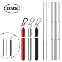 [3 Packs] Portable Reusable Straw, Collapsible Stainless Steel Straw with Metal Box and Cleaning Brush, Retractable Cleaning Brush + Mountaineering Hook (Silver, Black, Red)