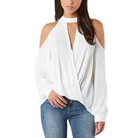 Meikosks Ladies V-Neck Off Shoulder Blouse Sexy Long Sleeve T-Shirt Solid Color Tops White