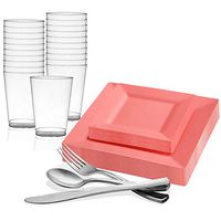 Kaya Collection - Square Coral Blush Peach Disposable Plastic Dinnerware Party Package - Includes Dinner Plates, Salad/Dessert Plates, Silver Cutlery, Tumblers (120 Person Package)
