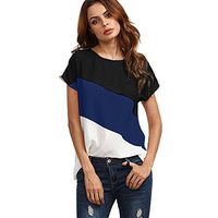 Theoylos Women's T-Shirts Soft Chiffon Short Sleeve Ladies Loose Color Block T-Shirts Shirt O-Neck Loose Tops Dark Blue