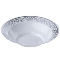 BalsaCircle 40 pcs 8 oz White and Silver Trim Plastic Round Bowls - Disposable Wedding Party Catering Tableware