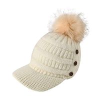 Theoylos Women's Winter Warm Knit Hat Wool Snow Ski Caps with Visor Ladies Outdoor Thick Pompom Toboggan Cap