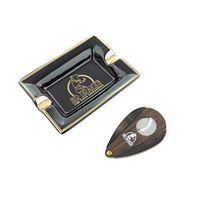 Sir Drake's Cigar Aficionado Starter Kit - Black Ceramic Ashtray and Zebra Wood and Polished Stainless Cigar Cutter - Gift Boxed