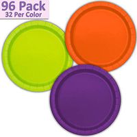 96 Paper Dinner Plates (9") - Orange, Neon Green, Deep Purple - 32 Per Color, 3 Colors - Great Assortment for Birthday Parties, Weddings, Holidays, Baby Shower, Celebrations, and more