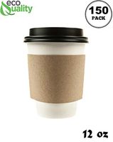 150 Pack - 12 oz Disposable White Paper Coffee Cups with Black Dome Lids and Protective Corrugated Cup Sleeves - Perfect Disposable Travel Mug for Home, Office, Coffee Shop, Travel, Tea