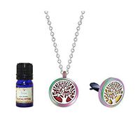 Anavia Aromatherapy Iridescent Family Tree Gift Set - Necklace + Car Clip +24 Pads Jewelry Stainless Steel Locket (Eucalyptus)