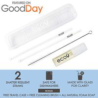ecoü - Reusable Glass Straw Kit - 2 Clear Glass Reusable Straws with Case, Straw Cleaning Brush, and Straw Cleaner Soap - 9 Inch Long Straws - Dishwasher Safe Drinking Straws, Easy to Clean and Use