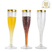 BGLROSOO 30pcs 6.5oz Glitter Plastic Champagne Flutes, Transparent Plastic Cup With Golden Edge Design, Wedding Party Toasting Glasses