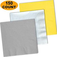150 Lunch Napkins, Shimmering Silver, Bright White, Lemon Yellow - 50 Each Color. 2 Ply Paper Dinner Napkins. 6.5" folded, 13.5" unfolded.