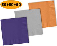 150 Beverage Napkins, Grape Purple, Shimmering Silver, Autumn Orange - 50 Each Color. 2 Ply Paper Cocktail Napkins. 5" folded, 10" unfolded.