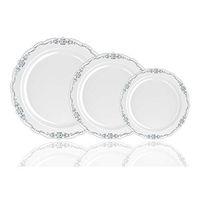 60 Pcs Disposable Plastic Plates | Victorian Design Premium Disposable Plates | 7.5 inch. Light Grey & Silver China Like Plastic Plates For Parties & Weddings