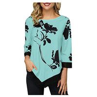 HNTDG Women's Floral Print Chiffon Blouse Casual V-Neck Print Long Sleeve Irregular Loose Tops Green