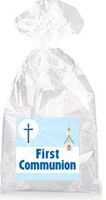 Church and Cross Blue First Communion Party Favor Bags with Ties - 12pack