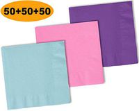 150 Beverage Napkins, Candy Pink, Pastel Blue, Amethyst - 50 Each Color. 2 Ply Paper Cocktail Napkins. 5" folded, 10" unfolded.
