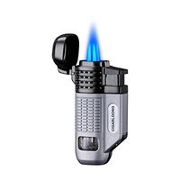 CIGARLOONG Cigar Lighter 4 Jet Torch Blue Flames Refillable Butane Torch Lighter with Cigar Punch (Color:Silver)