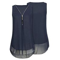 Jophufed Women Loose Sleeveless Tank Top Cross Back Hem Layed Zipper V-Neck T Shirts Tops Dark Blue