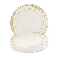 Elegant Disposable Plastic Dessert Plates 120 Pcs - 7.5" Heavy Duty Fancy Ivory with Gold Rim Appetizer Plates - Bulk Reusable Salad Cake Party Plates For Wedding, Easter, Birthday & All Occasions