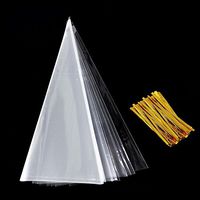 Fyess 200PCS Cone Bag Clear Cello Bags Sweets Treat Bags with 800 Gold Twist Ties for Party and Festival Christmas Candy Popcorn Handmade Cookies Sweets, 14.6 by 7 Inch.