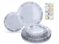 " OCCASIONS" 120 Plates Pack,(60 Guests) Vintage Wedding Party Disposable Plastic Plates Set -60 x 10.25'' Dinner + 60 x 7.5'' Salad/Dessert Plate (Portofino in Clear/Silver)