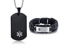 LF Stainless Steel Black Customize Medical Alert Jewelry Sets Emergency ID Tag Caduceus Bracelet Necklace Sets,Free Engraving Medic Jewelry for Men(Medical Alert Necklace + Bracelet)