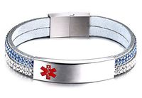 JF.JEWELRY Free Engraving Medical Alert ID Bracelet for Women with 2-Layers Velvet & Rhinestone Link 6.7",Light Blue