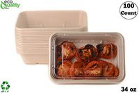 34oz Compostable Eco Friendly Container Trays with Clear Lids [100 PACK] - Rectangular Oblong Tree Free Sugarcane Bagasse Meal Prep Bento Boxes Take Out Catering Microwave Deep Container by EcoQuality