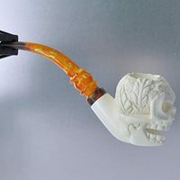 Meerschaum Skull with Feather Headress Tobacco Pipe Full Bend by Paykoc M55029