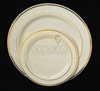 " OCCASIONS" Wedding Party 9'', 7.5'', 6'' disposable plastic plates and silverware combo (120, Bone w/gold rim)