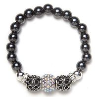 Black Magnetic Bracelet with Silver Beads & Crystal Rondelles (7.5")