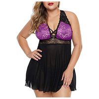 Women Plus Size Babydoll Lingerie Back Crisscross Lace Trim Chemise Sleepwear