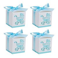 BENECREAT 50 Sets 2.4x2.4x2.4” Baby Shower Favor Box Sky Blue Baby Carriage Printing Box with Ribbon for Candy Chocolate Treats