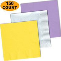 150 Lunch Napkins, Lemon Yellow, Bright White, Lavender - 50 Each Color. 2 Ply Paper Dinner Napkins. 6.5" folded, 13.5" unfolded.