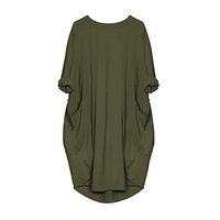 Danhjin Women Plus Size Loose and Comfortable Dress Solid Color Long Sleeve Round Neck Pockets T Shirt Dress Army Green